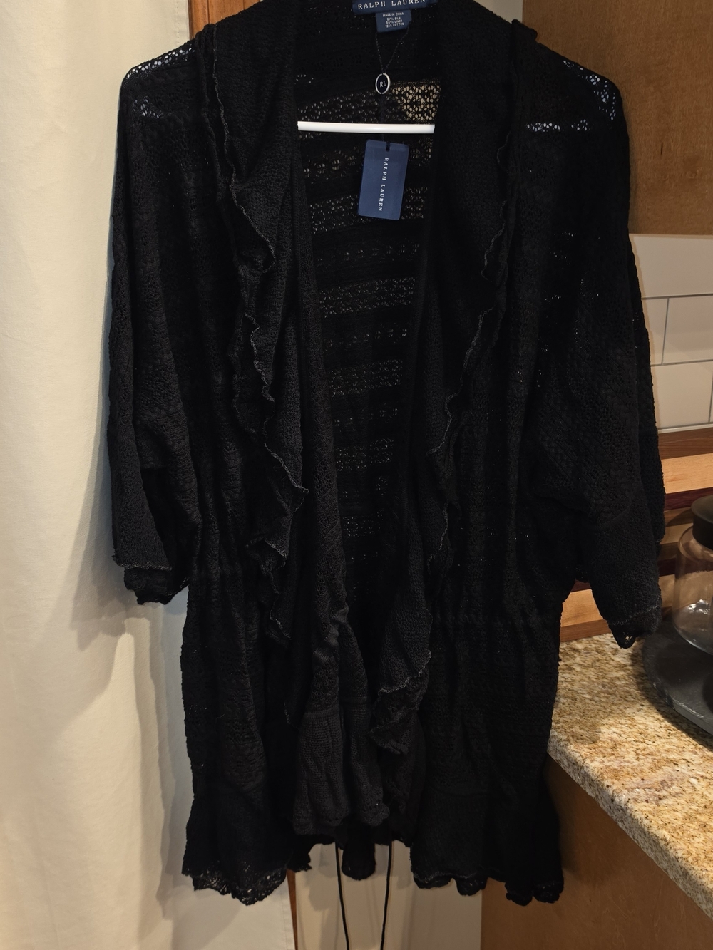 Ralph Lauren Black Ruffle-Trim Open Knit Cardigan